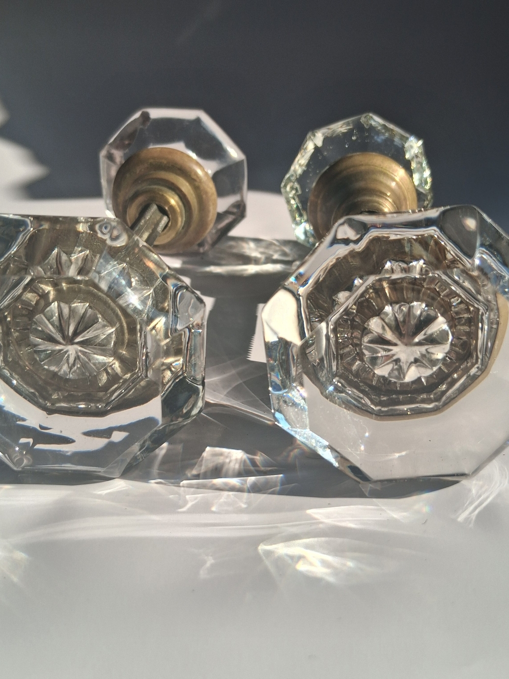 Antique Unused Mercury Crystal Glass Door Knobs Brass Octagon Matching Pair